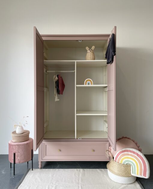 Demontabele vintage meidenkast in de kleur Old Pink en messing knoppen - Afbeelding 5